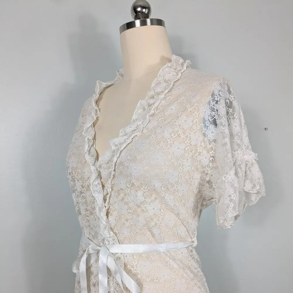 Lace Ruffle Robe Top M Cream Ivory Wrap Boho Fairy Hippie Y2K Floral Short